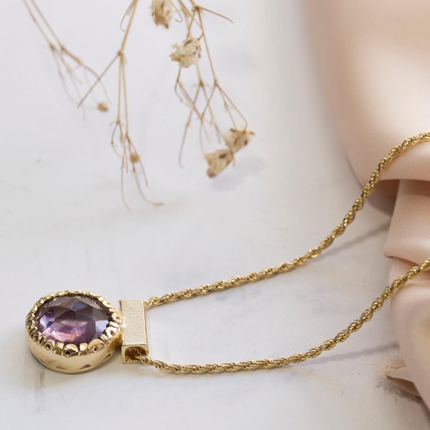 14K Gold Plated Amethyst Necklace for Women - 12mm Round Amethyst Pendant Necklace - Gold Plated 45cm Cable Chain - February Birthstone Necklace - Amethyst Jewelry Perfect Gift for Her - Image 3