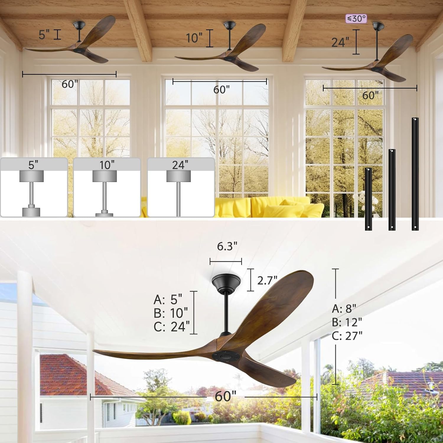 Ventilatore da soffitto in legno da 52 pollici con telecomando, moderno ventilatore da soffitto a 6 marce, 3 fogli, motore DC reversibile, ventilatore da soffitto per interni ed esterni
