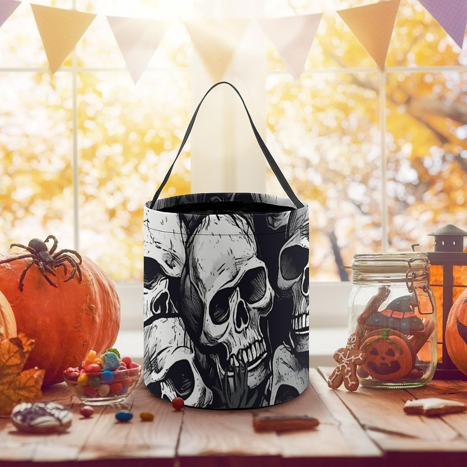 Reusable Halloween Skulls Pattern Candy Bucket with Handle image 5