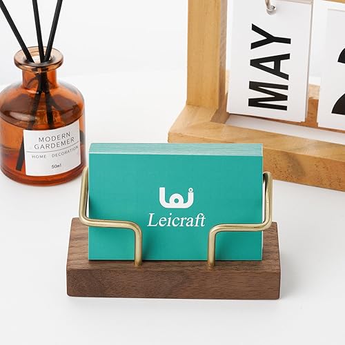 Miniatura 4 de Tarjetero para escritorio, soporte de tarjeta de visita de escritorio de madera y latón, organizador de tarjetas de índice (corona de nogal)