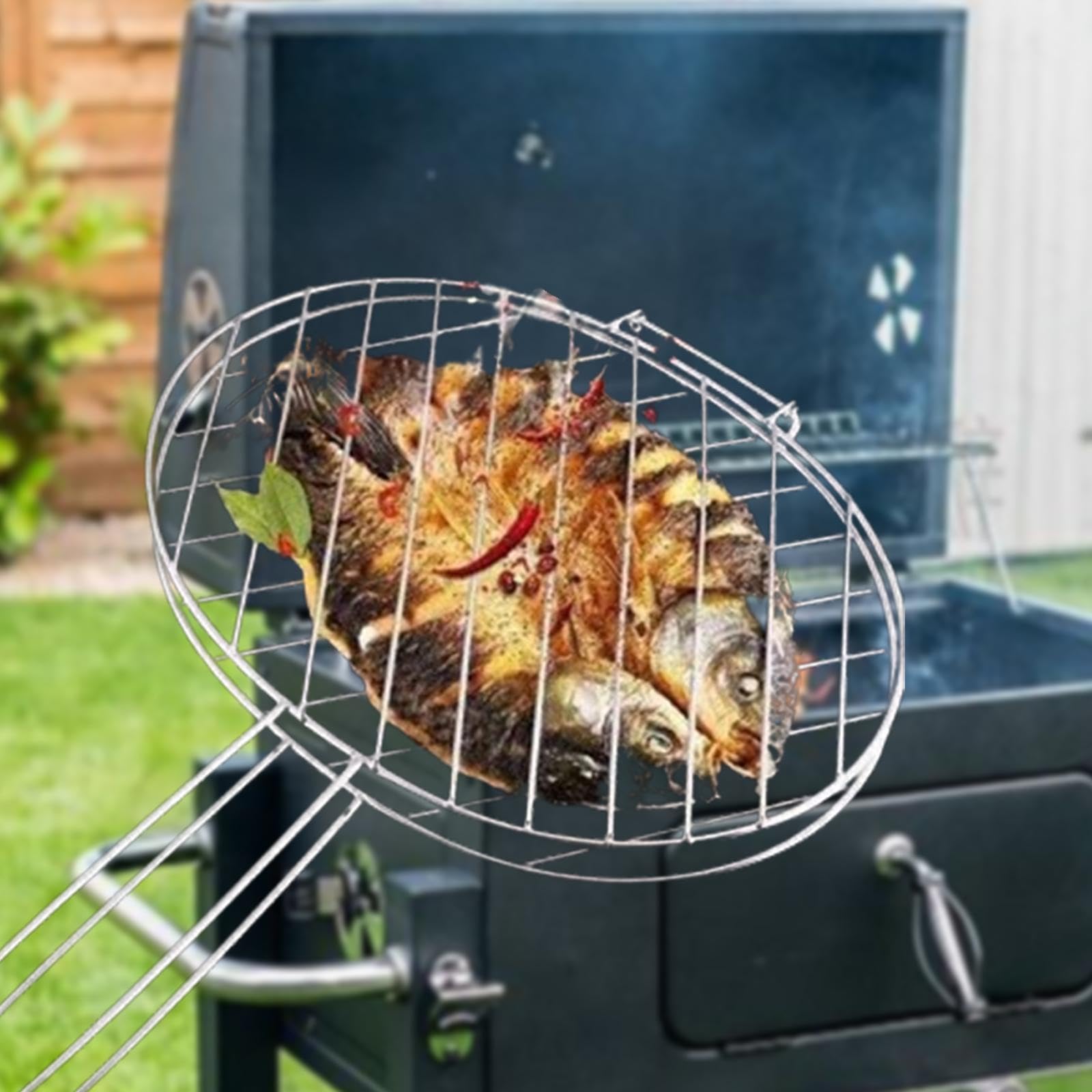 Soporte Grande Multiusos para Red de Pesca para Barbacoa, Herramienta para Asar Pescado al Aire Libre, Abrazadera para Parrilla, Cesta útil para Todo Tipo de barbacoas, Cesta con Pinza Acero