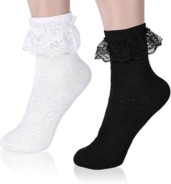 Tyqour 2pairs Ruffle Socks for Women Turn-Cuff Lace Frilly Ankle Comfortable Cotton Princess Socks White Black