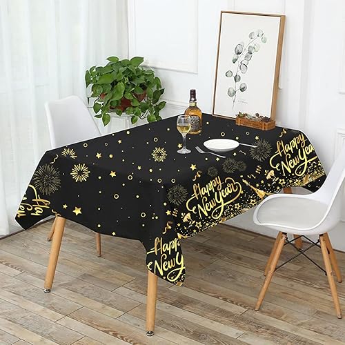 Miniatura 5 de HOWAF Paquete de 3 manteles de decoración de fiesta de Año Nuevo, mantel de feliz año nuevo negro y dorado para suministros de fiesta de Año Nuevo,