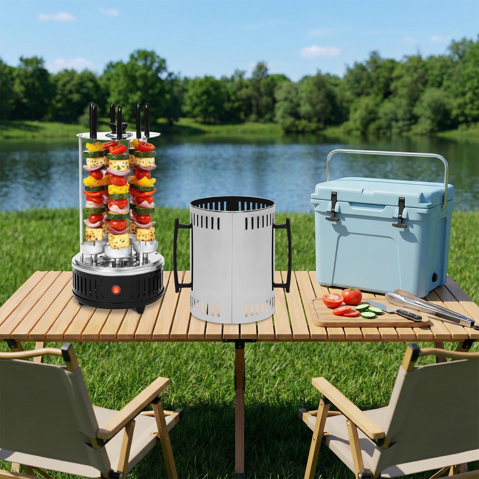 Barbecue elettrico verticale da 1000 W con 6 spiedini, barbecue da tavolo senza fumo, in acciaio inox, per balcone e giardino, barbecue per spiedini e grill girevole per la casa (20 x 37,5 cm)