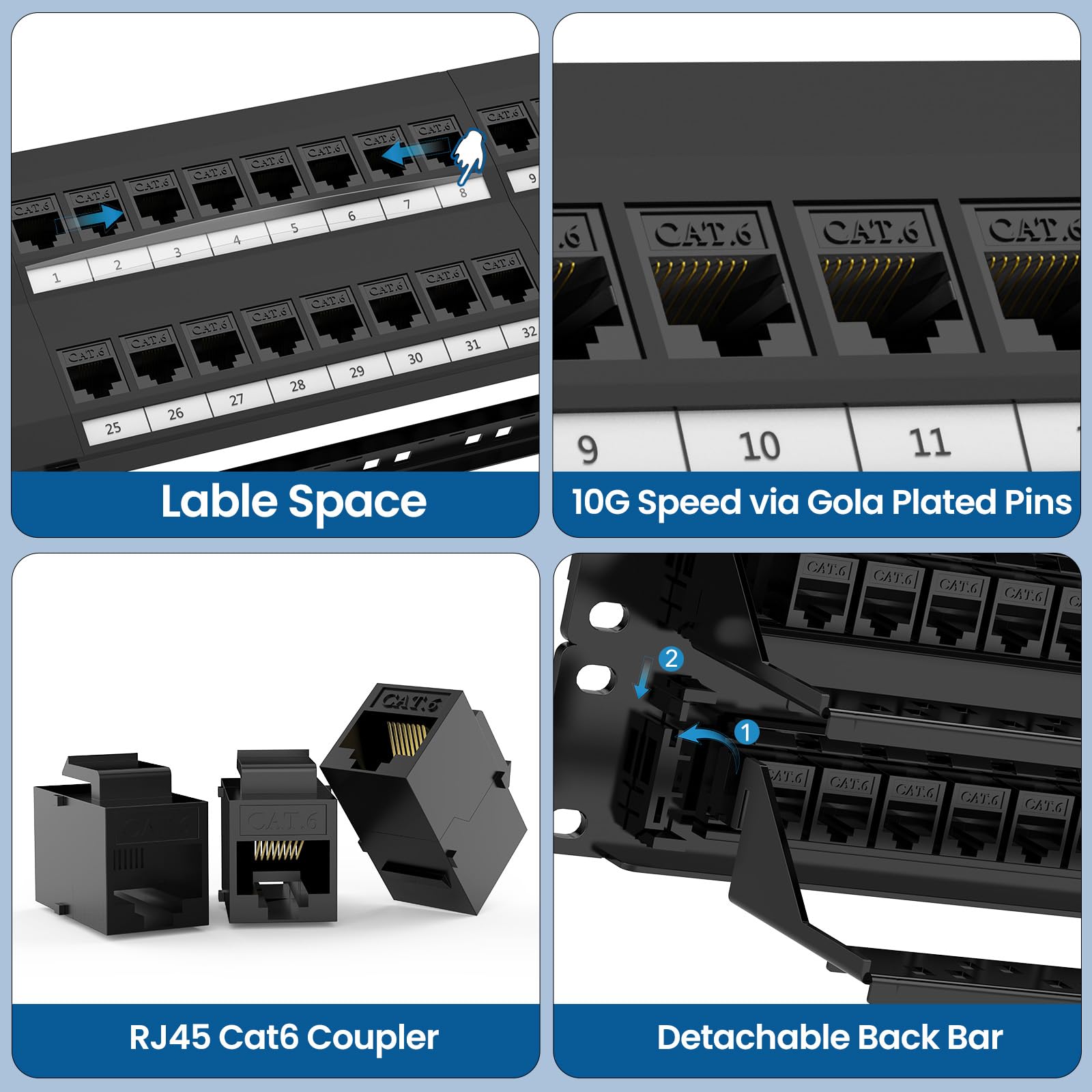 CableGeeker Patch Panel a 48 porte, pannello patch Cat6 con supporto Keystone in linea RJ45 pass-thru 10G, pannello patch di rete 1U UTP da 48 pollici con barra posteriore rimovibile, compatibile con