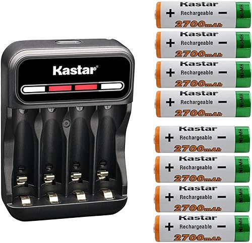 Kastar Paquete de 8 baterías AA de 1.2 V 2700 mAh Ni-MH y cargador USB inteligente CMH4 compatible con cualquier capacidad de baterías AA Ni-CD y