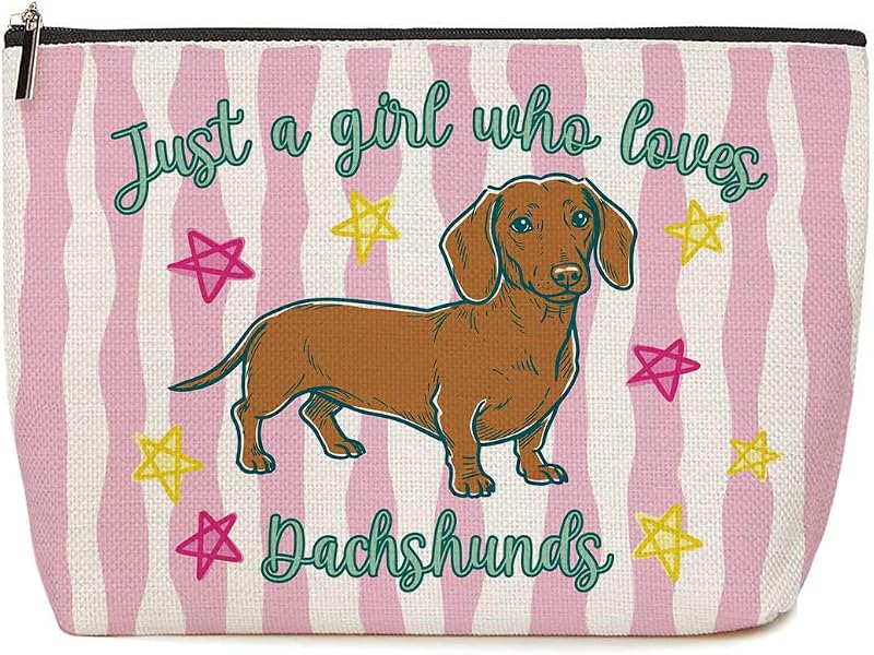 Necessaire de maquiagem Lovdazzles com estampa listrada rosa e dachshund, 1 unidade