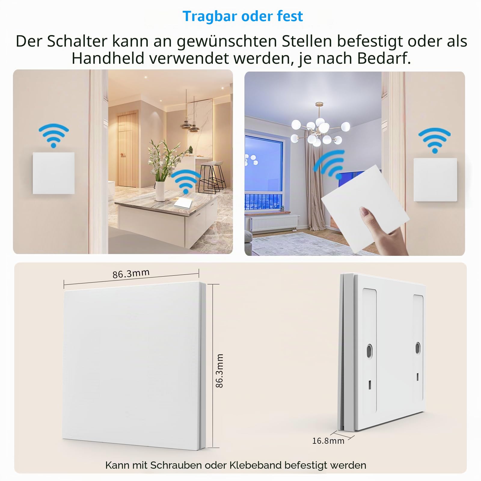 KADMOS Funk-Lichtschalter Set,selbstversorgt Funk Lichtschalter,Drahtloser Schalter- keine Batterie erforderlich,automatischer Rebound-Schalter,keine Verkabelung erforderlich (3key 3receiver-White)