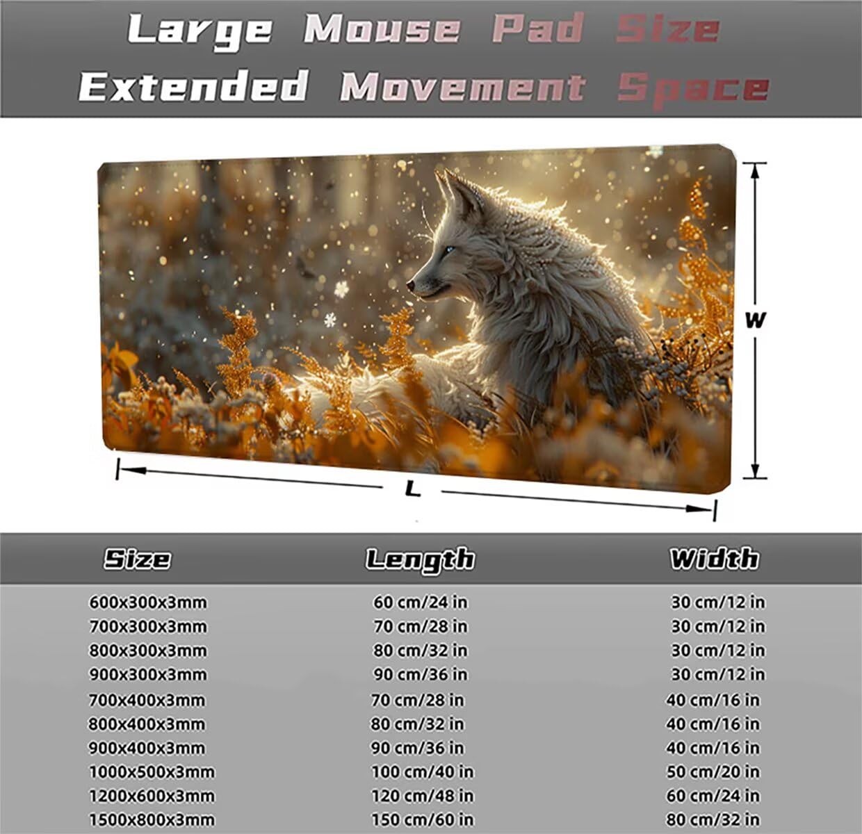 Podkładka pod mysz do gier XXL, podkładka pod mysz do gier 1500 x 800 x 3 mm, antypoślizgowa podkładka pod mysz, zwierzę, lis, duża podkładka pod mysz dla graczy komputerowych, biurowych LMDT13383