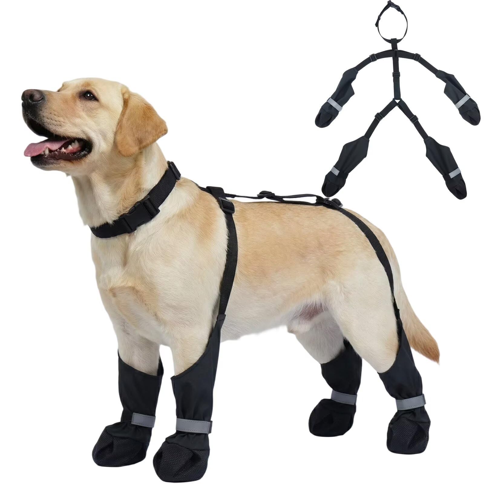 IECOii Dog Suspender Boots Reflective & Waterproof – Winter Dog Shoes for Walking, Hiking & Running, Adjustable, Non-Slip, Stay-On Pet Booties Paw Protectors for Medium Dogs, Black, Size XL