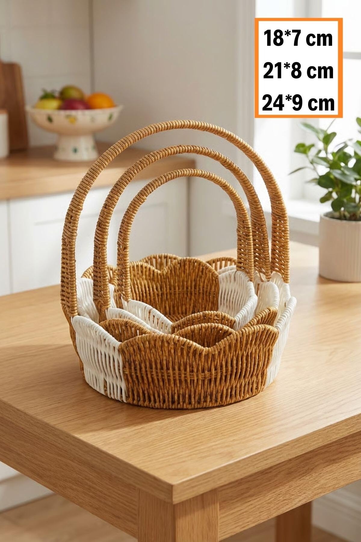 BUFFER İç İçe Geçebilen 3'lü Çift Renkli Yuvarlak Dalgalı Formlu Saplı Plastik Rattan Sepet Seti, Hasır Görünümlü Çok Amaçlı Organizerler, 18x7cm, 21x8cm, 24x9cm