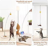 Vista 4 de JXFUKAL Interactive cat Toy, Automatic Cat Wand Toy with Stable Wooden Base, 2 PCS Detachable Cat Teaser, 5PCS Refills Replacement & Hanging Elastic