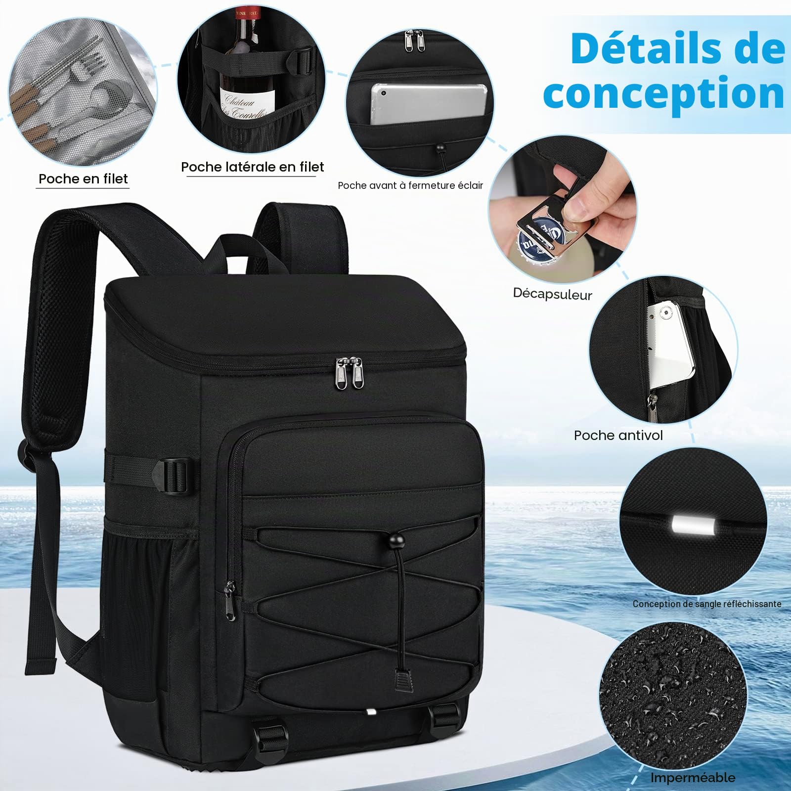 NUBILY 30L Sac a Dos Isotherme a Glacière Sac Pique-Nique Imperméable Grand Sac Isotherme Repas Lunch Box Camping Barbecue Trekking Noir
