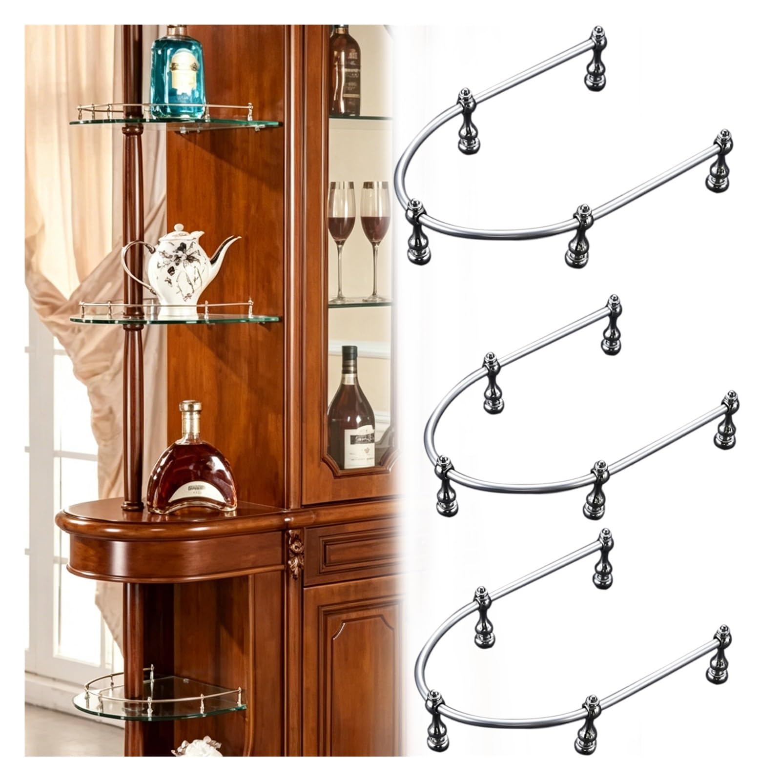 Sturdy Anti-Tipping Gallery Rails 20-158 cm, Bendable Cabinet Shelf Safety Rail with Posts & Screws, Detachable Aluminum Guardrail Bar for Hanging Shelving, Shoe Racks(3pcs,L 10"/25.4cm)