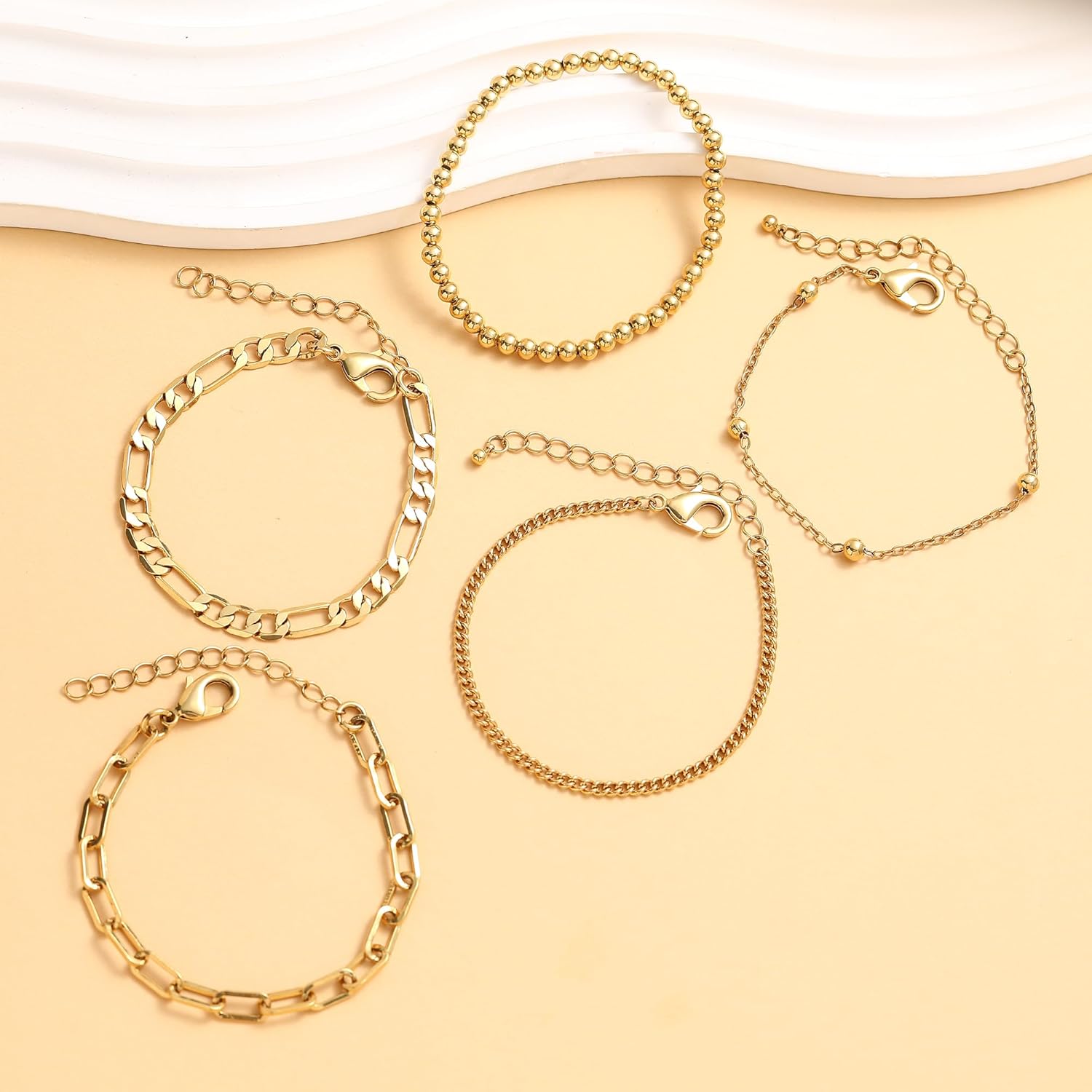 Wgoud Waterproof Gold Bracelets for Women Trendy, Dainty 14K Real Gold Plated Fashion Stackable Bracelet Sets for Women Thin Cuban Link Paperclip Chain Bracelets Layered Gold Jewelry Sets Gifts for Womens - Image 5