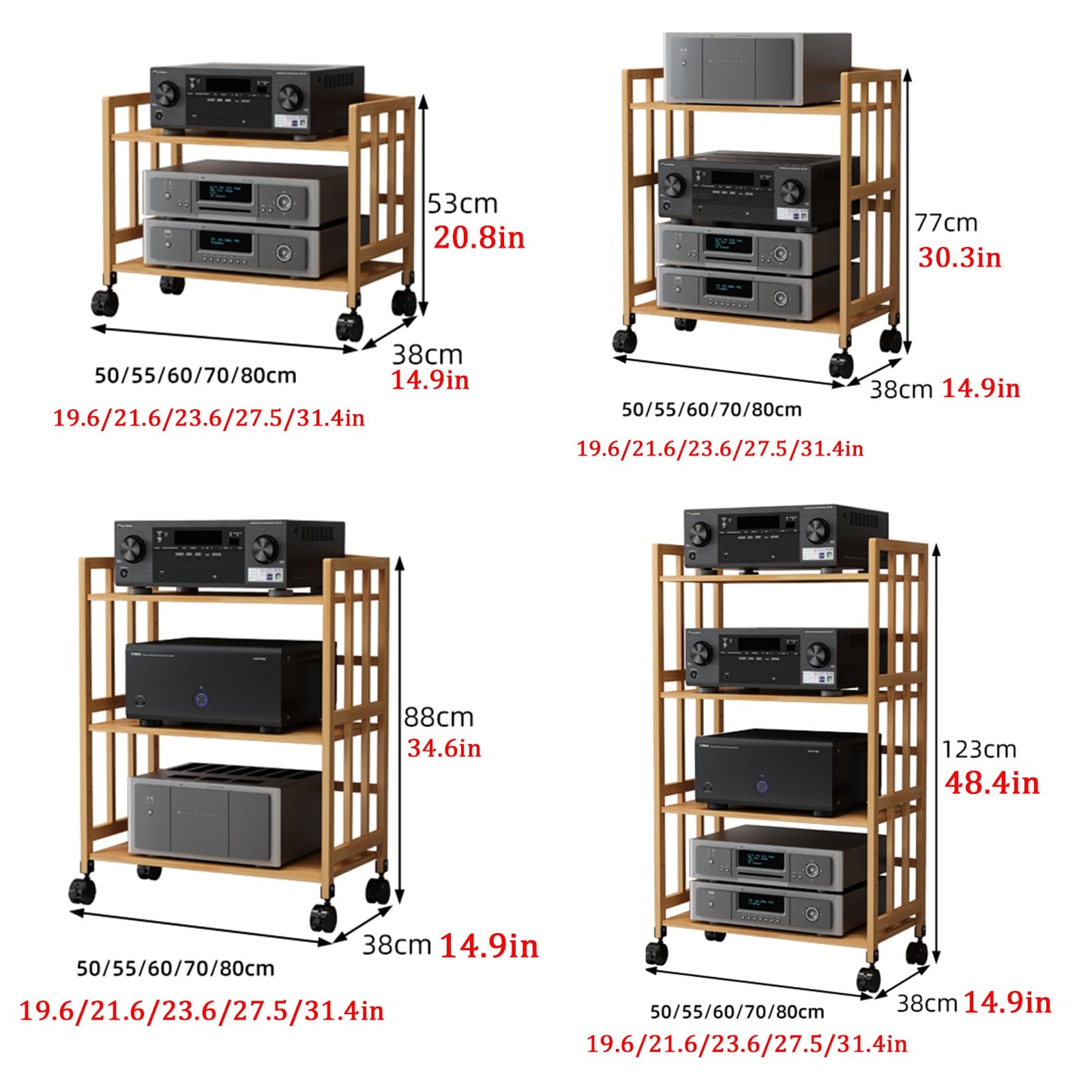 Generico Mobile Porta TV Regolabile a 5 Ripiani con Ruote, in Legno massello, Ideale per impianti Stereo, con Contenitore Mobile per casa, Ufficio o Home Theater (80x88 cm).