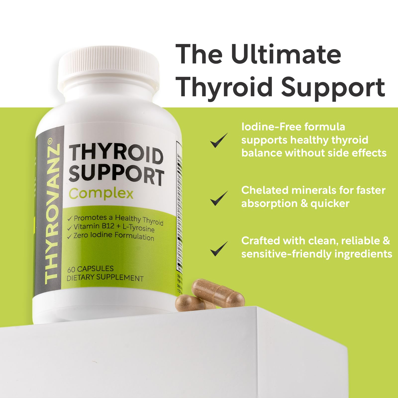 Thyroid Support Complex (60 Capsules) for Women & Men, 0% Iodine, Boosts Mood & Energy, Fights Brain Fog & Stress, Includes B Vitamins, Non-GMO, Made in USA - cGMP Certified — Amazon image 2