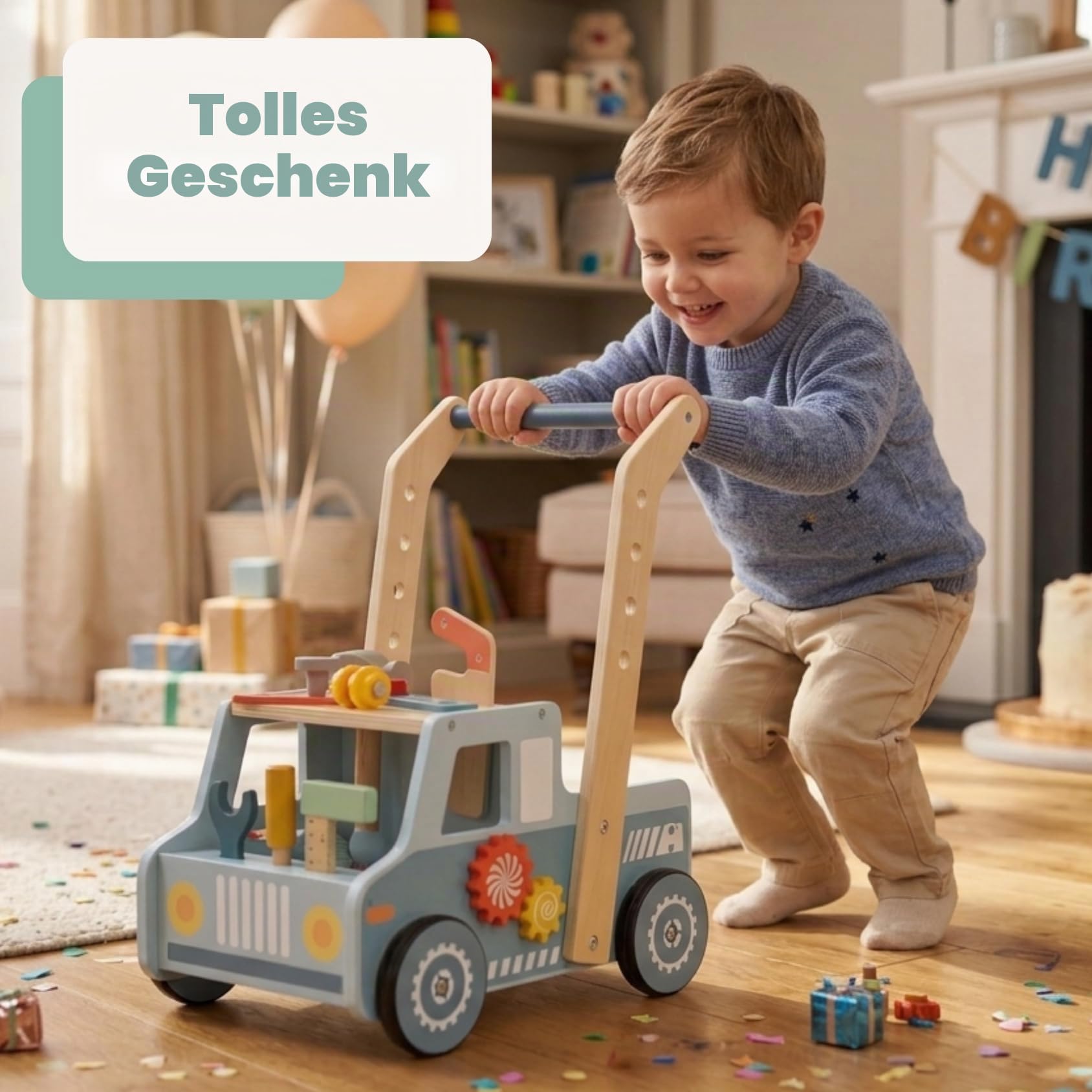 TOOKY TOY Lauflernwagen Werkbank FSC Holz: Laufwagen mit Werkzeug Spielzeug für Kinder, Montessori Lernspielzeug, Fördert Motorische, Kognitive, Soziale & Emotionale Entwicklung, Geschenk ab 3 Jahren