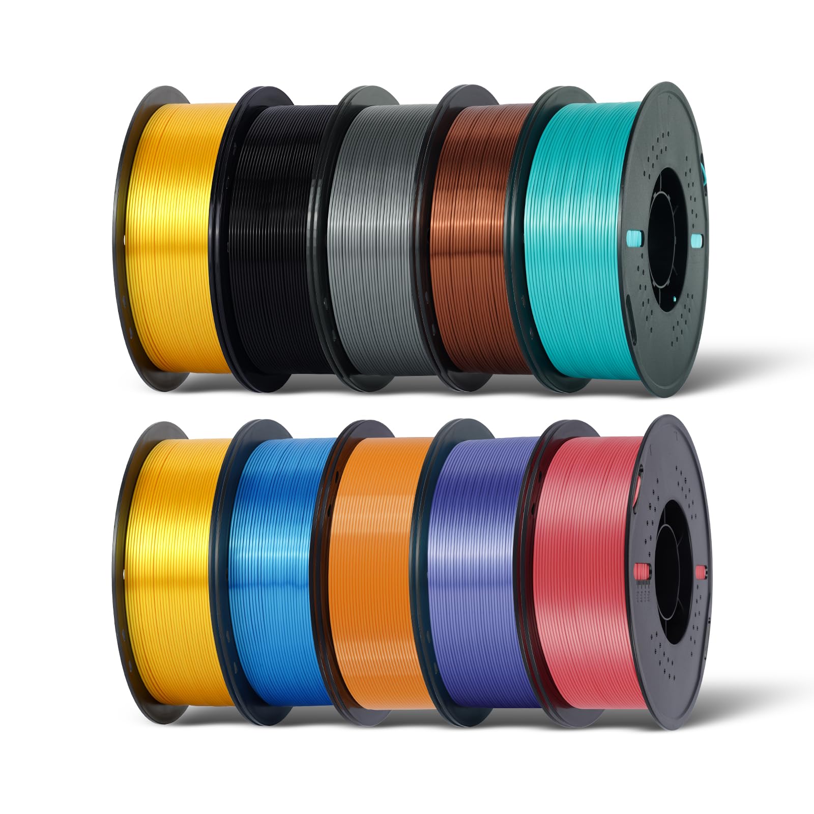 Kingroon Silk PLA Bundle 3D Printer Filament, Dimensional Accuracy +/- 0.03 mm, 10 kg Spool(22lbs), PLA Shiny Filament 1.75 mm（2Gold+Orange+Green+Red+Yellow+Blue+Purple+Silver+Copper, Silk PLA