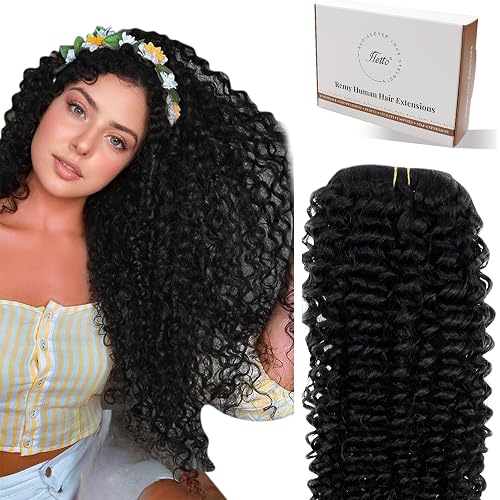 Hetto Curly Clip in Human Hair Extensions Black 14Inch 120g 7pcs KC | 3c - 4a Kinky Curly, Full Head 100% Remy Real Human Hair, Jet Black, Invisible Natural Look for Women