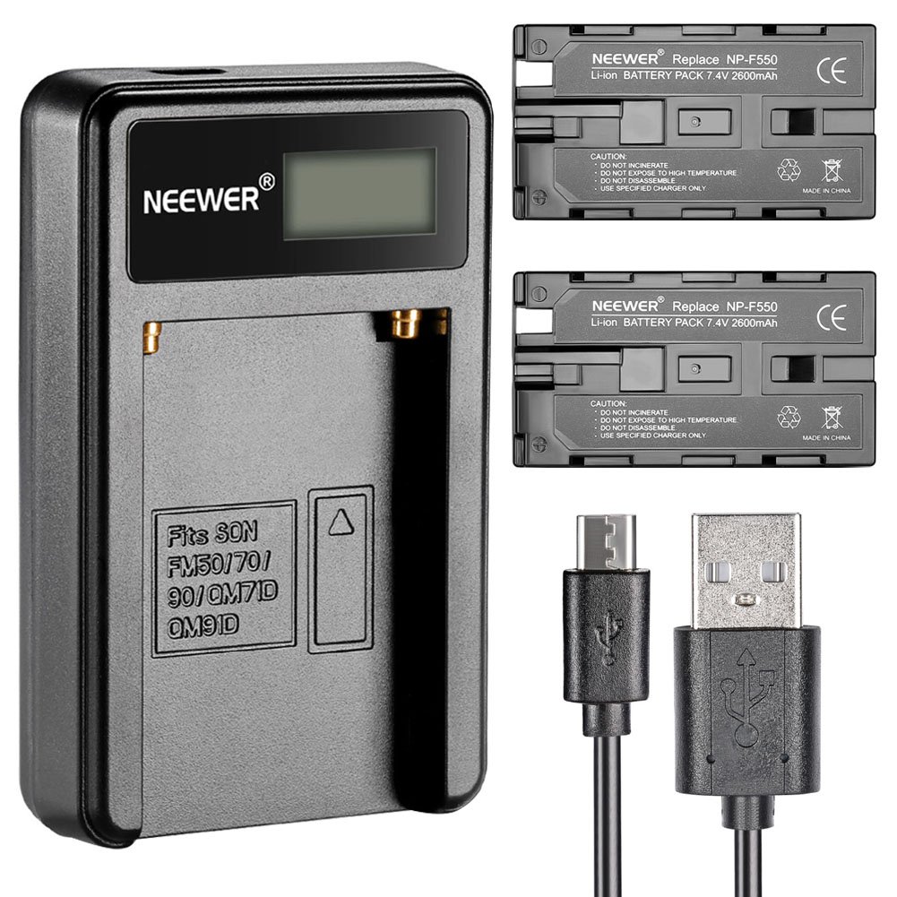 Neewer® Micro USB Battery Charger + 2-Pack 2600mAh NP-F550/570/530 Replacement Batteries for Sony HandyCams, Neewer Nanguang CN-160, CN-216, CN-126 LED Light, Polaroid On-Camera Video Lights