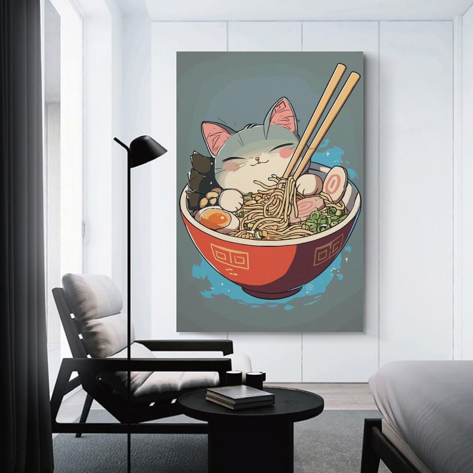 Junmoney Hanging Wall Art Anime Ramen Bowl Cat, 20x30inch(50x75cm), for Contemporary Homes, Apartments Or Offices, Stylish Wall Art for Fresh Spaces