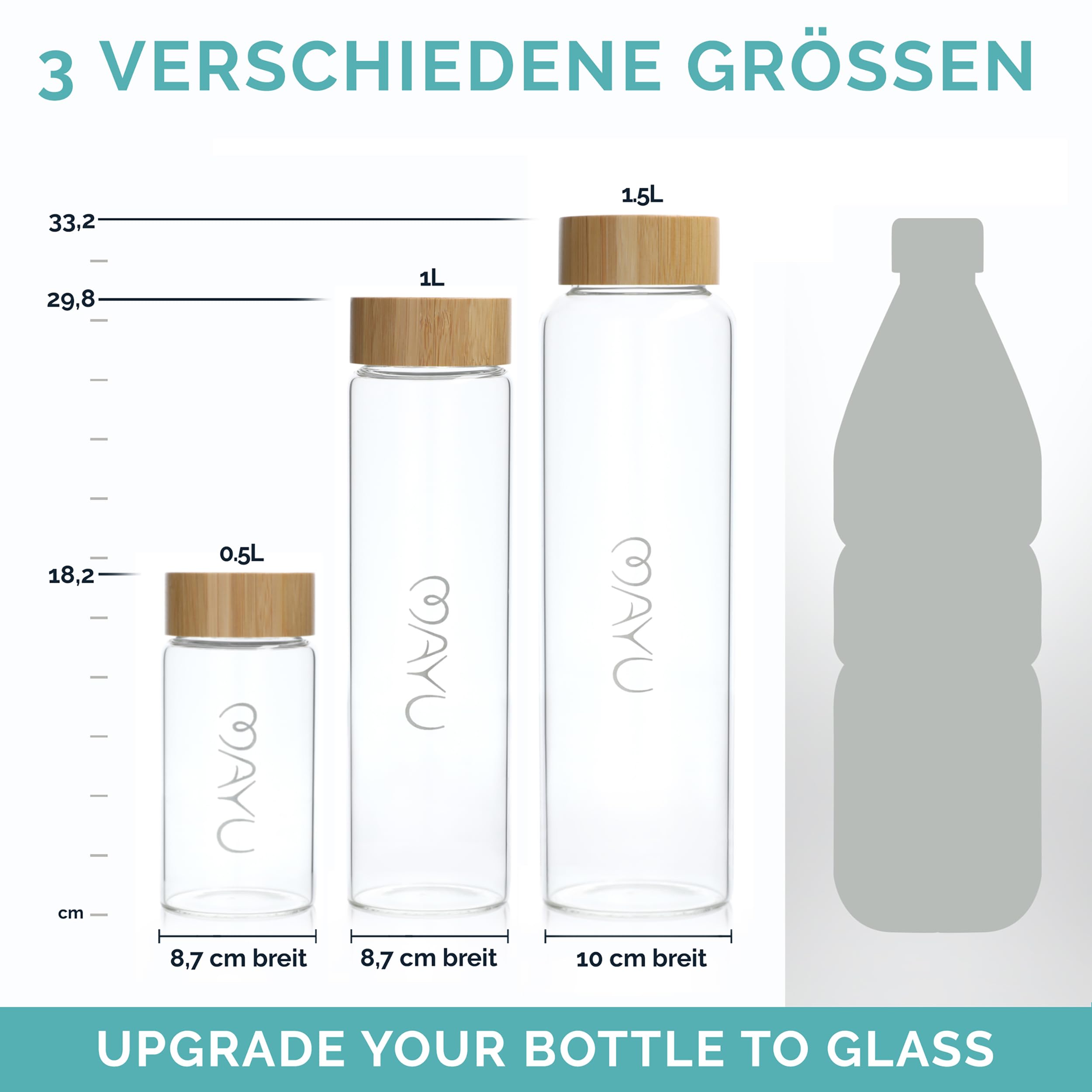 mayu Water Wasserflasche, Borosilikatglas, Bambusdeckel, 1,5 Liter | Integriertes Sieb, Bambus-Deckel, BPA-frei, auslaufsicher, umweltfreundlich, ideal für Wasser, Tee & Infused Water