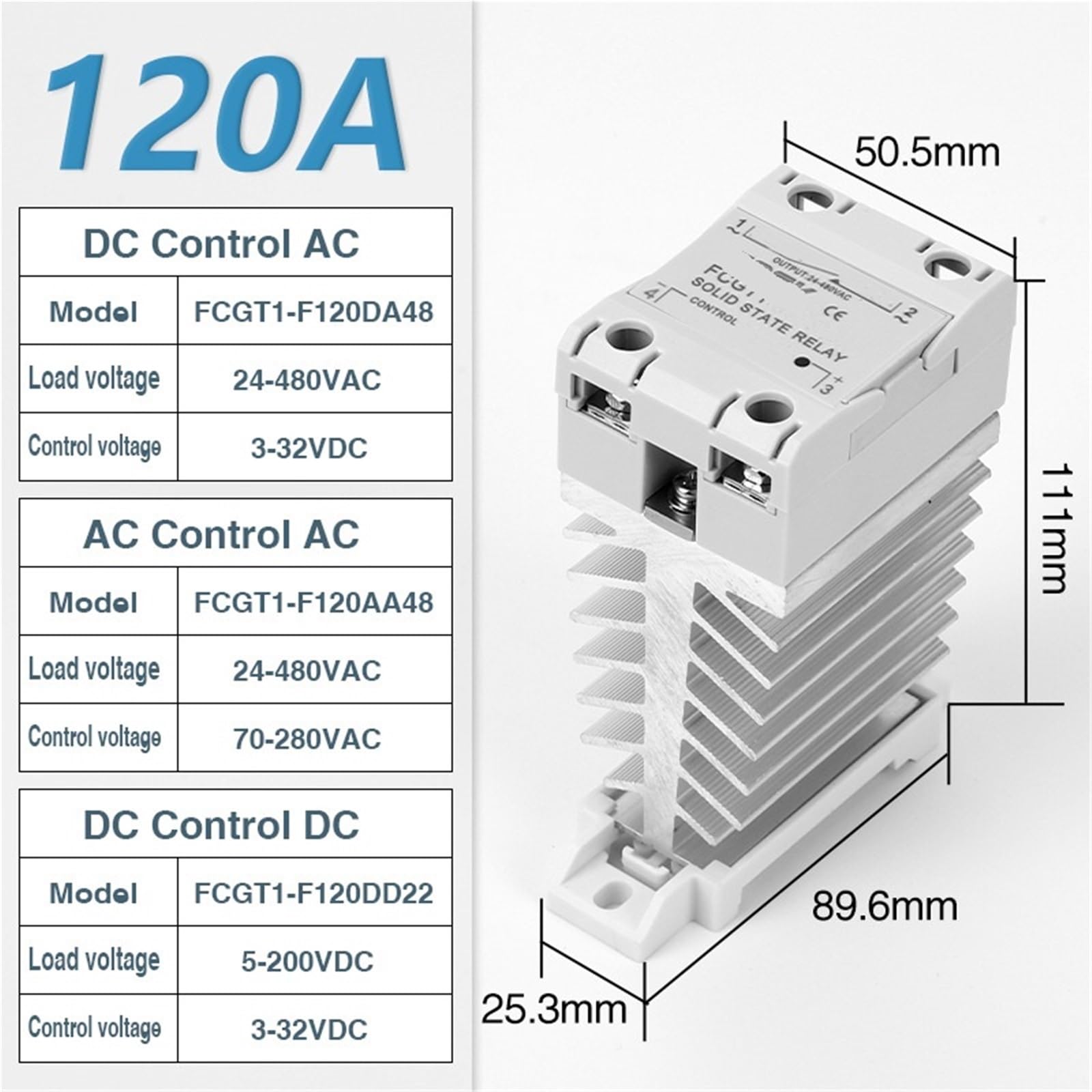 Relè statico SSR sottile monofase 10A 25A 40A 60A 80A 100A con dissipatore di calore Relè industriale Montaggio su guida DIN 1 pezzi (AC control AC,120A)
