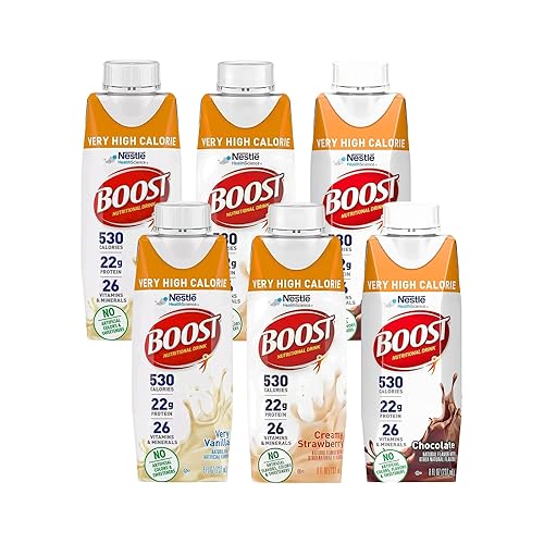 Miniatura 17 de BOOST Paquete variado de bebidas nutricionales muy altas en calorías, 12 unidades, 4 vainilla, 4 chocolate, 4 fresas, 530 calorías por botella de 8