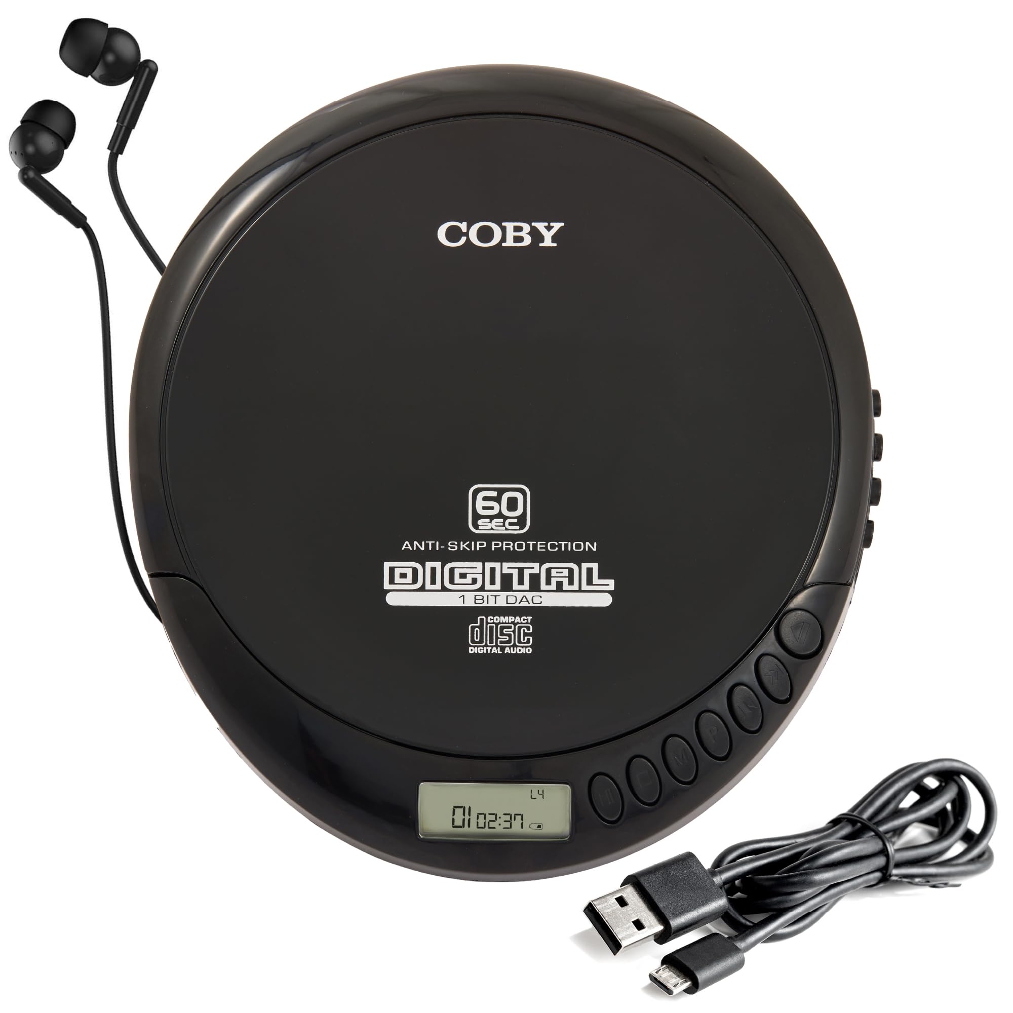 Coby Portable CD Player with Headphones, FM Radio, MP3 Compatible, CD Player Portable Discman, 60-Second Anti-Skip, 2 AA Batteries or Micro-USB