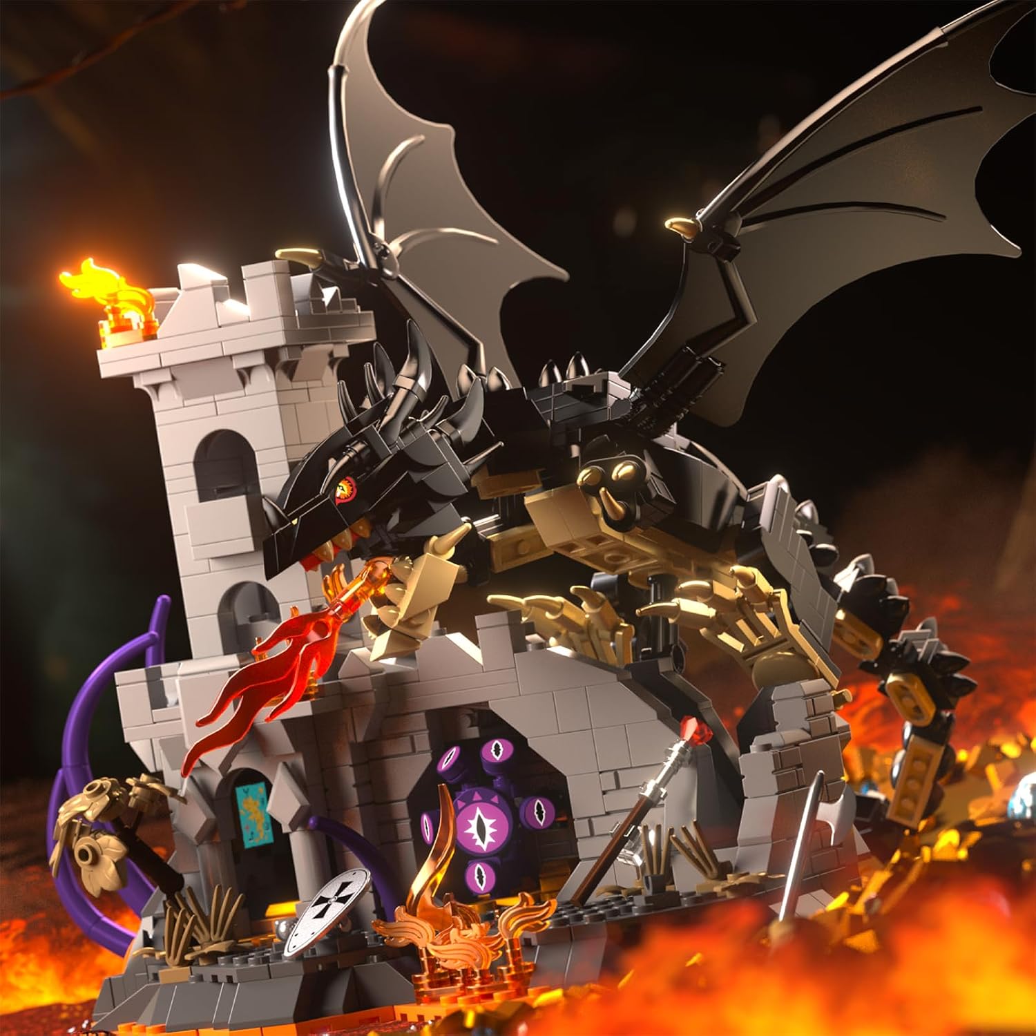 Dragon Building Set with Dice Tower, 919 PCS Flaming Medieval Castle Building Blocks Set, Fantasy Model Kit Home Decor, Birthday Gift for Adults Teens Kids Boys 8+