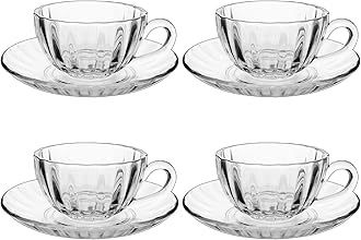 MARTVIA Premium Classic Glass Tea & Coffee Cup and Saucer - 250ML for Transparent Espresso Cappuccino Cups and Saucer Set for Green Tea, Herbal Tea, Lemon Tea More, (Royal Set, 4 Cup and 4 Saucer)