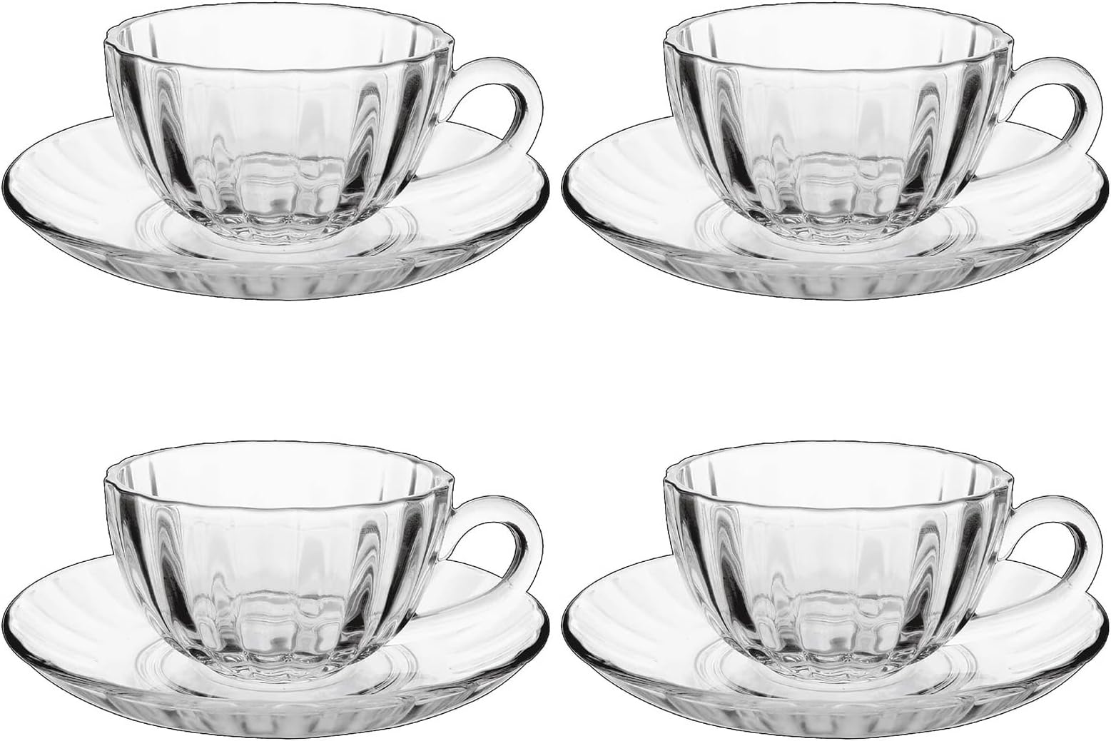 MARTVIA Premium Classic Glass Tea & Coffee Cup and Saucer - 250ML for Transparent Espresso Cappuccino Cups and Saucer Set for Green Tea, Herbal Tea, Lemon Tea More, (Royal Set, 4 Cup and 4 Saucer)