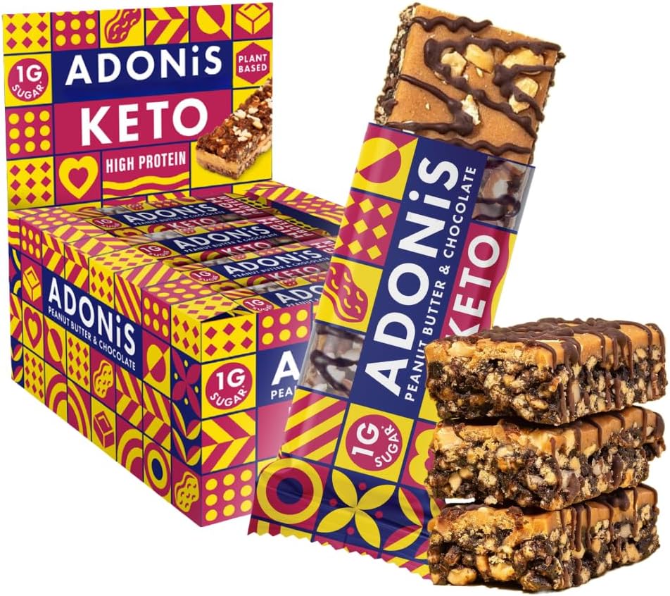 Adonis Hazelnut Crunch & Cocoa High Protein Keto Bars (16x45g) | Vegan-Friendly | 100% Natural Keto Snacks | Sugar Free, Palm Oil Free, Dairy Free | Low Sugar & Low Carb (Peanut Butter & Chocolate)