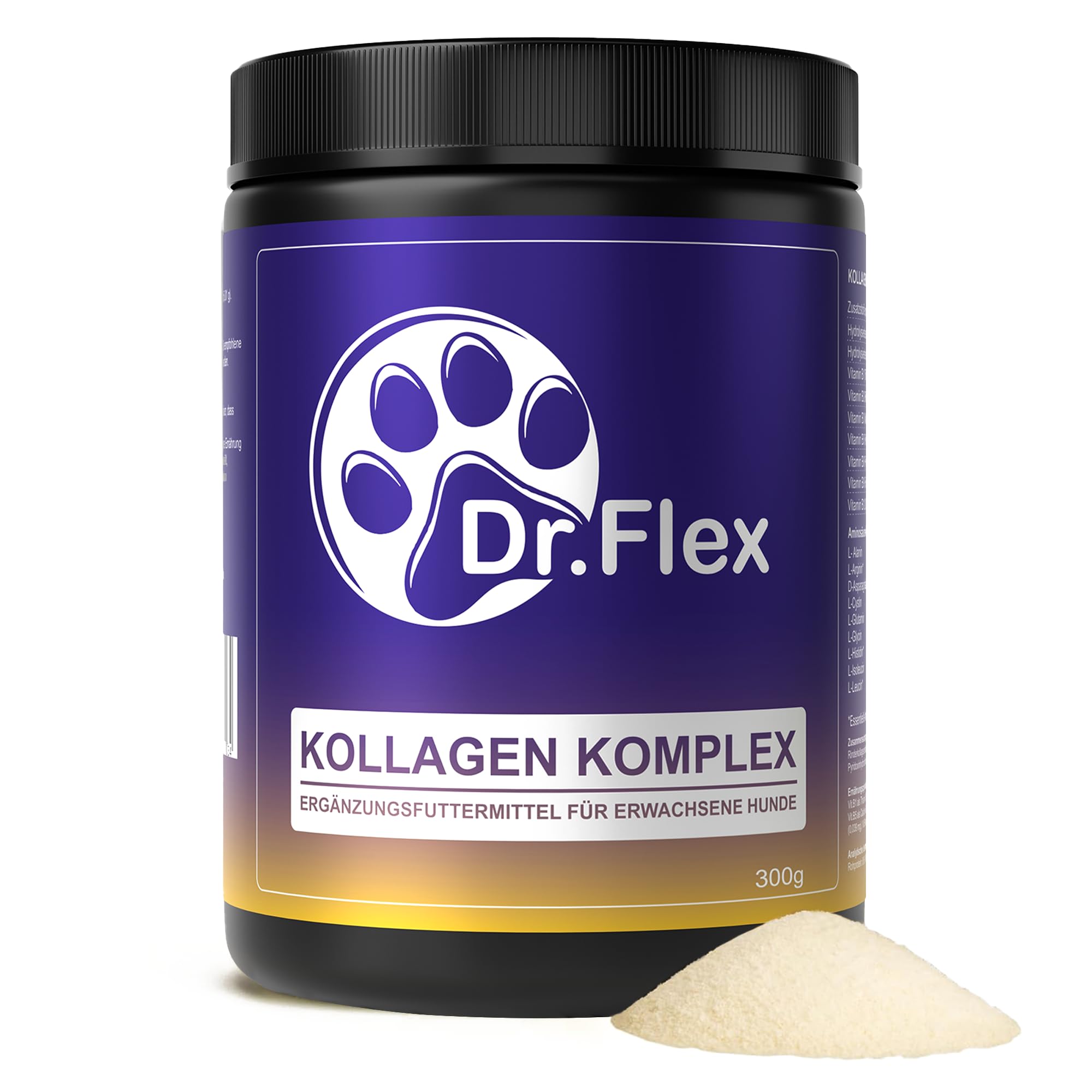 Dr. Flex colágeno para Perros 300 g - colágeno hidrolizado Tipo I II III bovino y Marino en Polvo para articulaciones Perro y Movilidad Complejo vitaminas Grupo B Perros Apoyo digestión Perro
