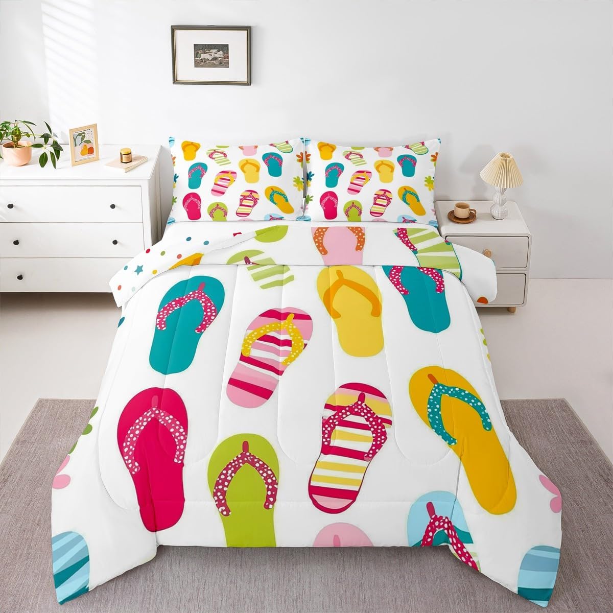 Cartoon Flip Flops Bedding Twin Kawaii Slippers Comforter Set, Summer Holiday Theme Bedding Comforter Sets Hawaii Farmhouse Duvet Insert, Lovely Polka Dots Down Comforter, White Teal Red Pink Blue