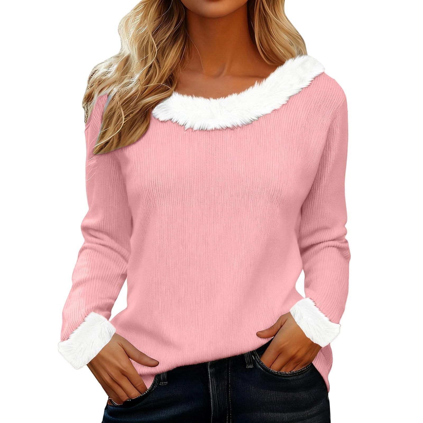 Novelty Sweatshirts for Women Long Sleeve Cuffs Furry Fur Trim Collar Ugly Christmas Scoop Neck Shirts Xmas Sweater