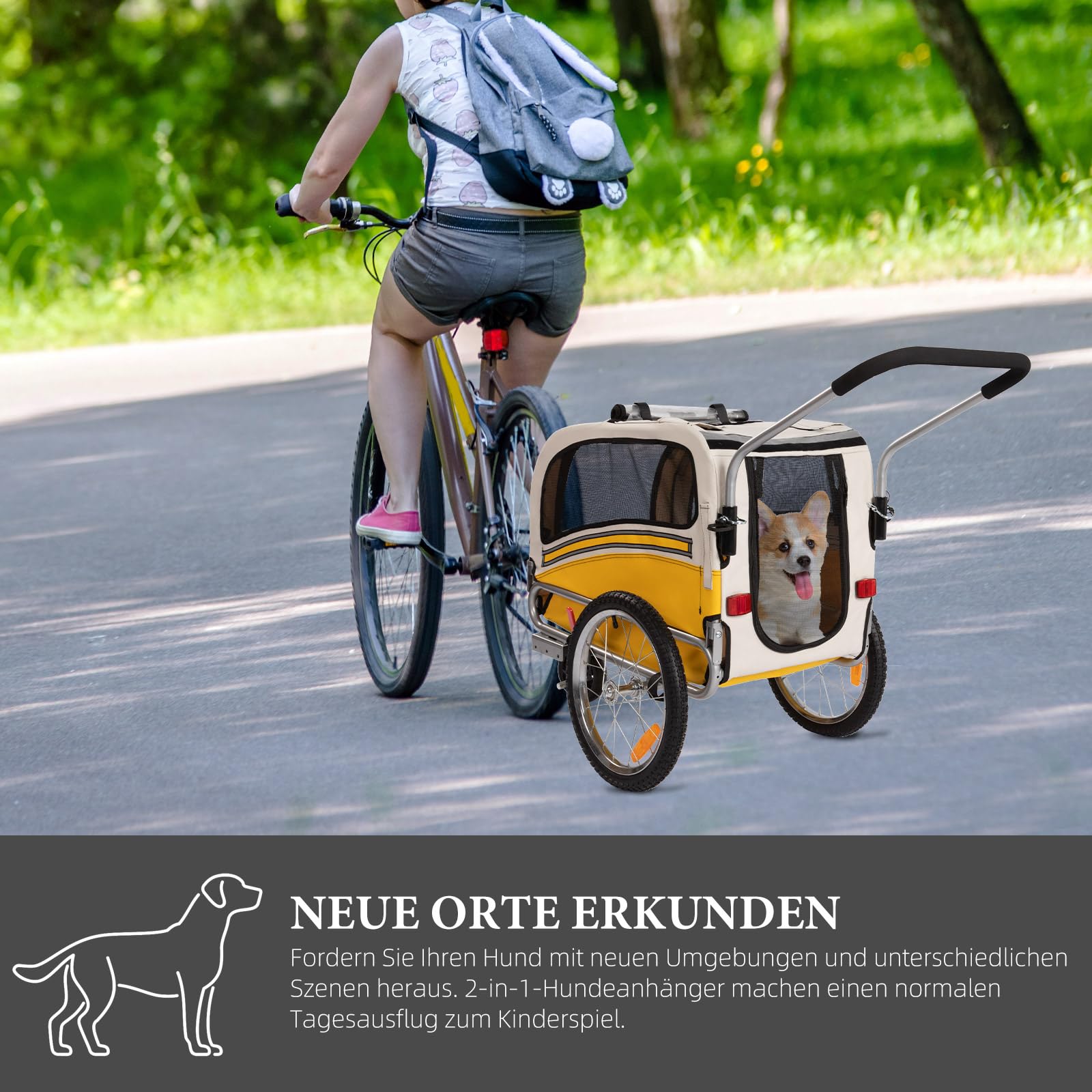 Hundeanhänger 2-in-1 für Fahrrad & Jogger – Transportwagen für Hunde bis 30 kg, faltbar, mit Bremsen, Signalwimpel, Outdoor & Heimgebrauch, leicht zu montieren