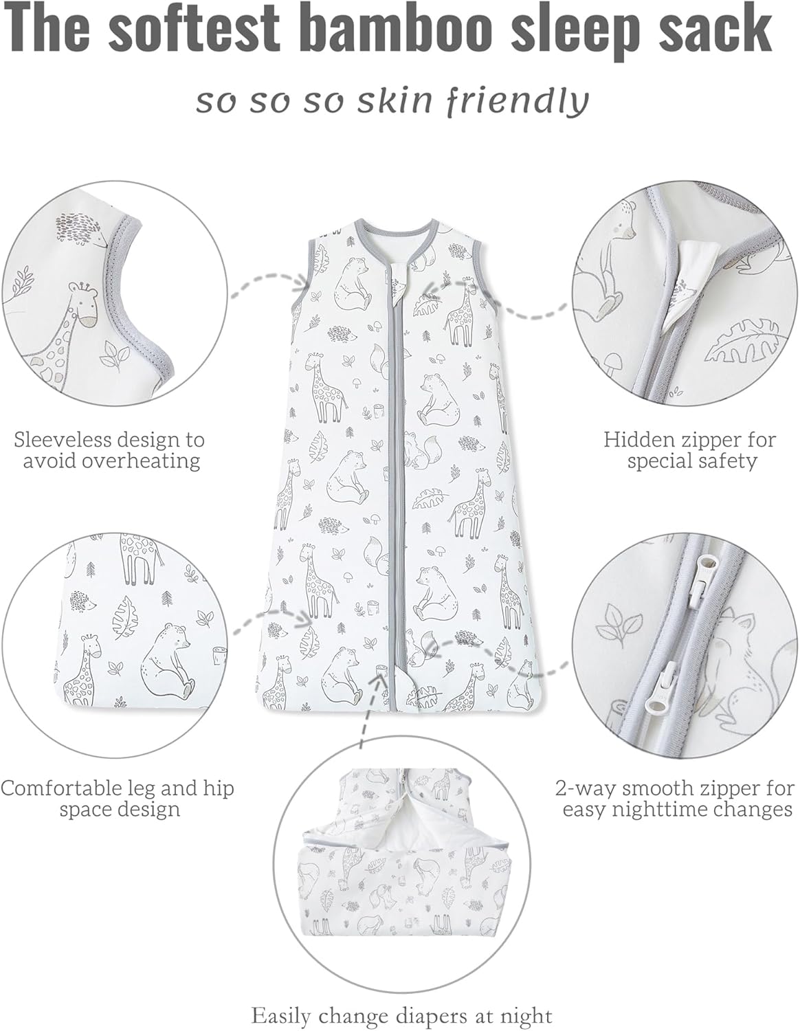 Chilsuessy Baby Sleep Sack 0-6 Months 1.5 TOG, 2 Pack Bamboo Baby Wearable Blanket with 2-Way Zipper, Infant Toddler Sleeping Sack for Newborn Boys and Girls, Animals & Grey