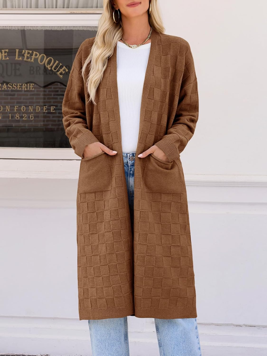 Saodimallsu Womens Long Cardigan Sweaters 2025 Oversized Open Front Checkerked Sweater Trendy Knit Jacket with Pockets - Image 4