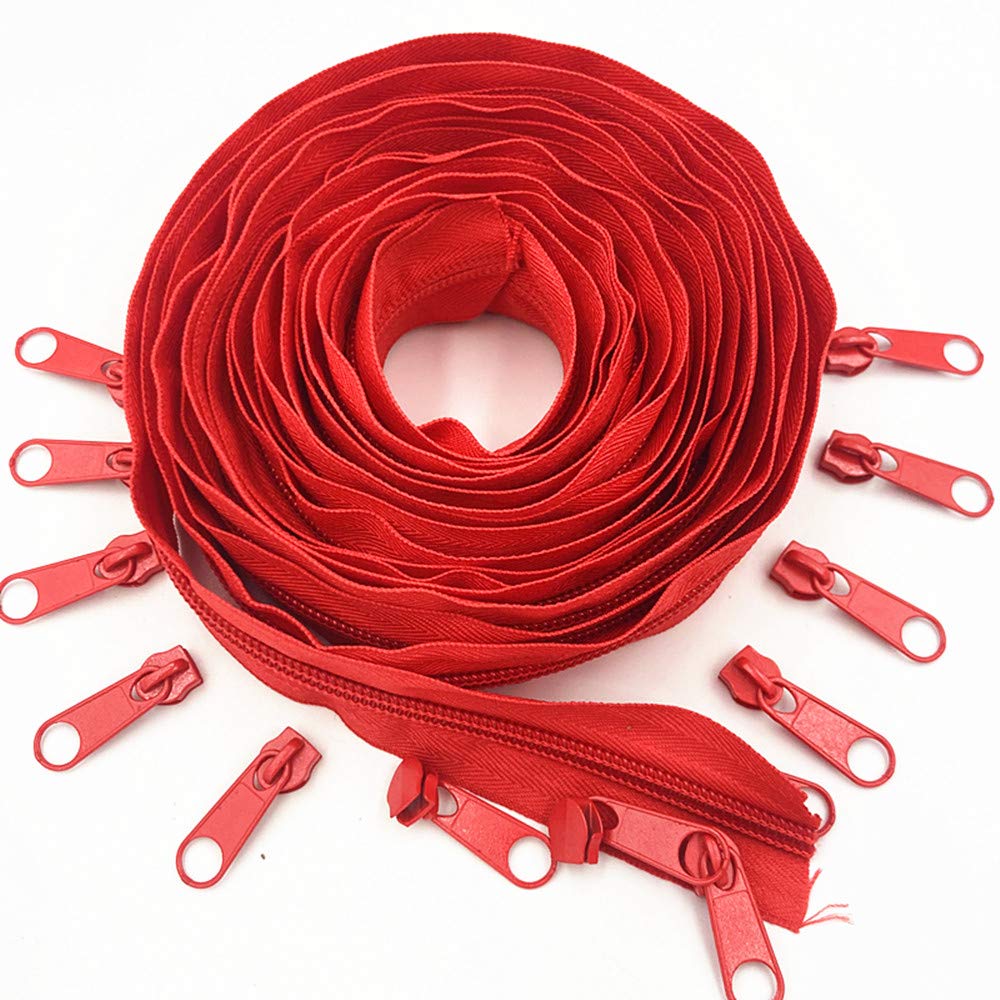 Nylon-Reißverschlussrolle, 10 Meter, Mit 20 Schiebern Für DIY & Näharbeiten – #5 Größe, 20 Farben Zur Auswahl (Rot)