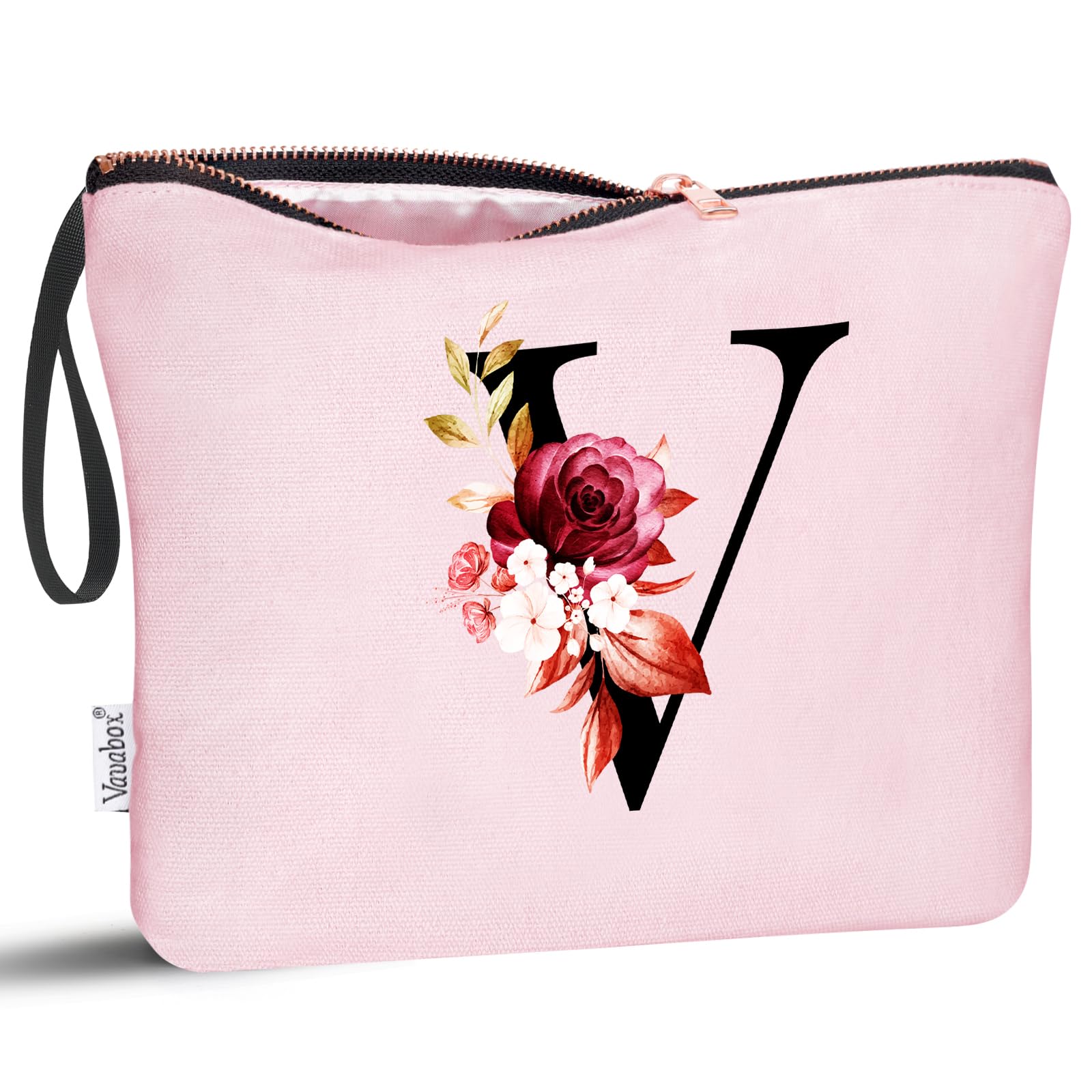 Vavabox A-Z Personalized Makeup Bag, Birthday Gifts for Women Mom, Gifts for Best Friend, Bride Bridesmaid Cosmetic bag (V, Pink)