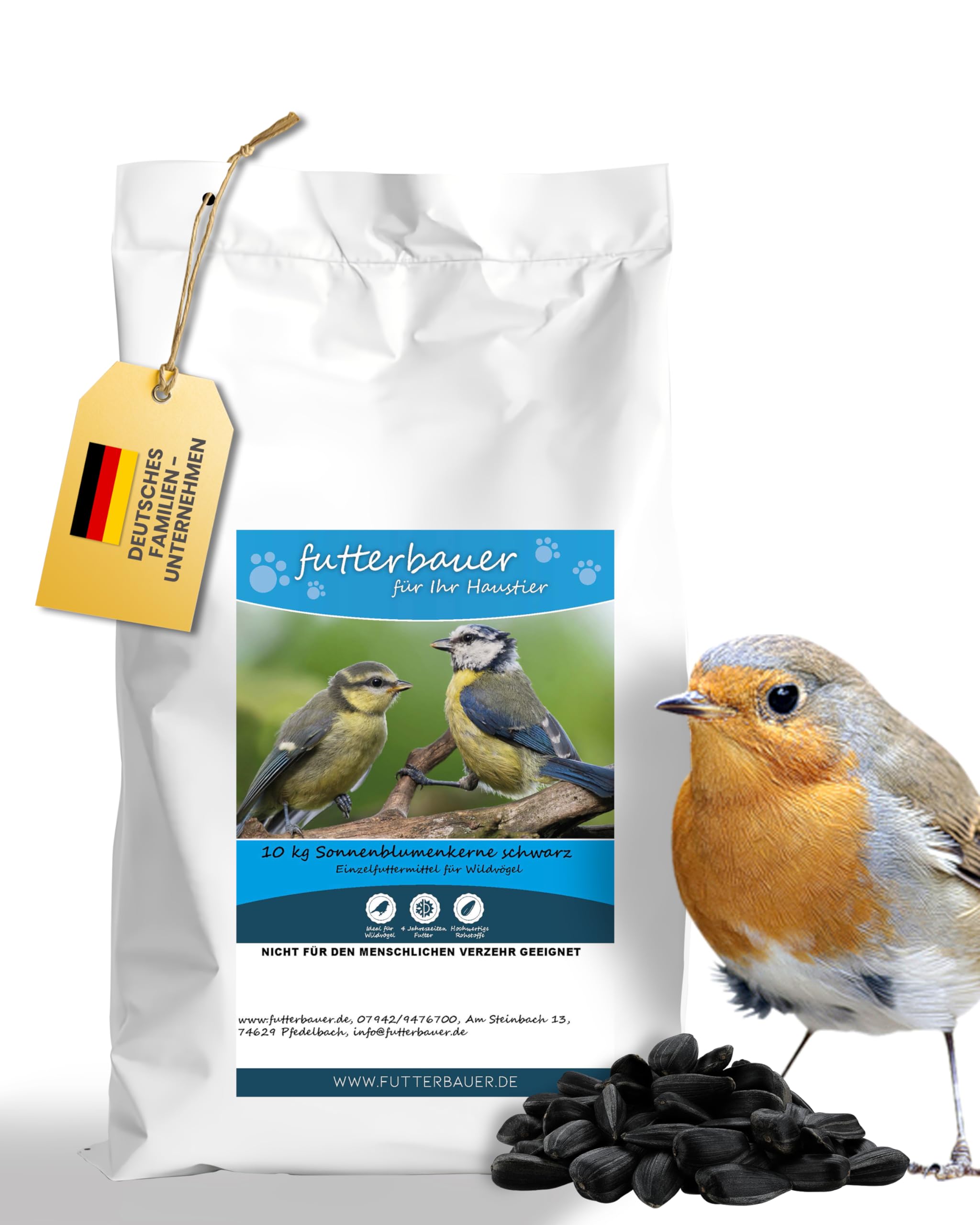 Futterbauer 10 kg Schwarze Sonnenblumenkerne für Vögel, 100% Natur, Hochwertige Energiequelle für Wildvögel, Hoher Fett- & Vitamin-E-Gehalt, Gereinigt & Getrocknet mit Schale, Ernte 2025