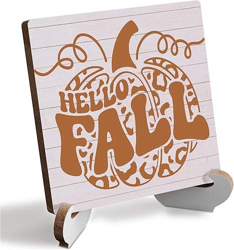 Letrero de calabaza con texto en inglés "Hello Fall", decoración de escritorio de madera rústica para el hogar, granja, oficina, sala de estar,