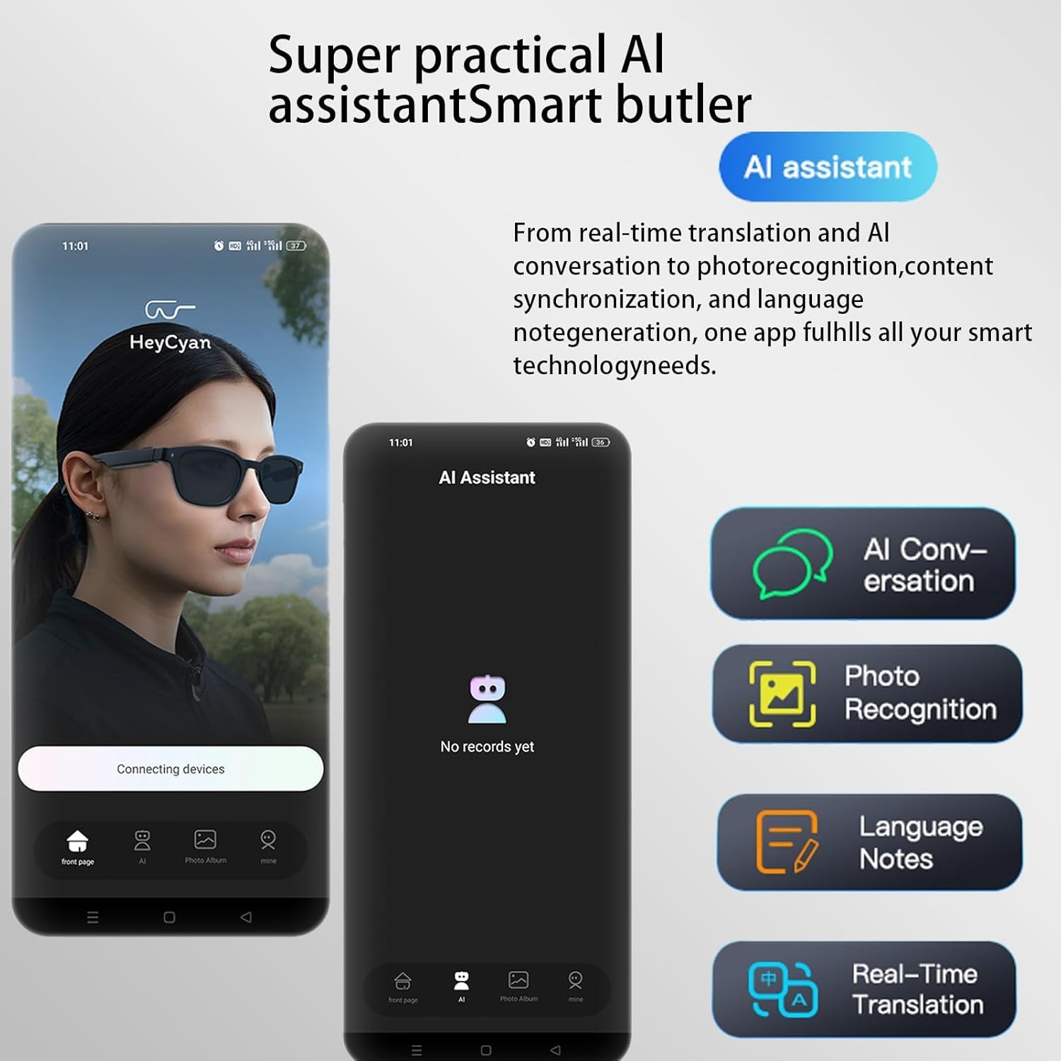 ai smart glasses with 4k hd camera – video recording glasses with audio, bluetooth sunglasses with camera for men, real-time translation, hands-free music&calls, outdoor sports travel