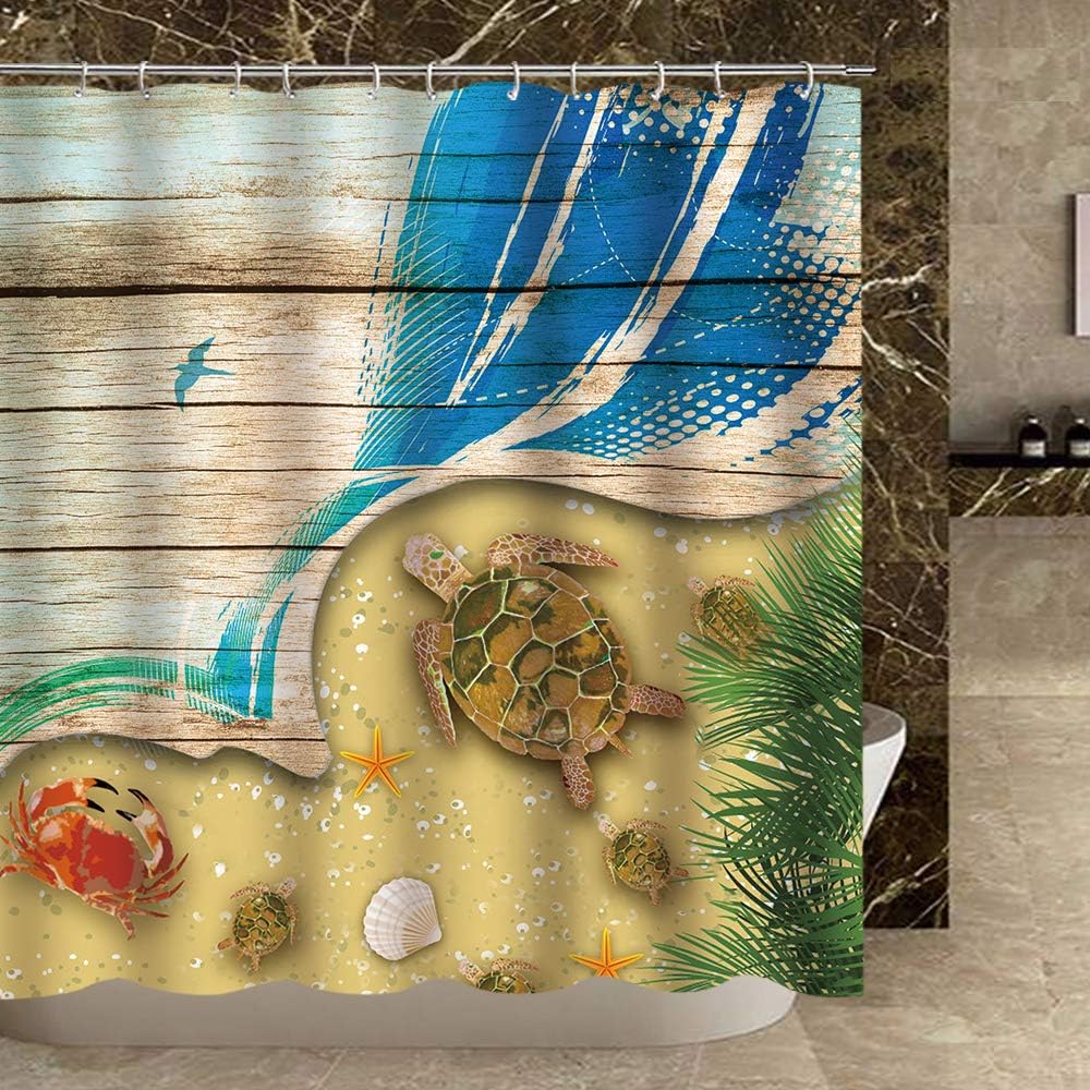 Fuortia Turtles Shower Curtain Crab Turtle Mother and Babies Starfish and Shell at Sandy Beach