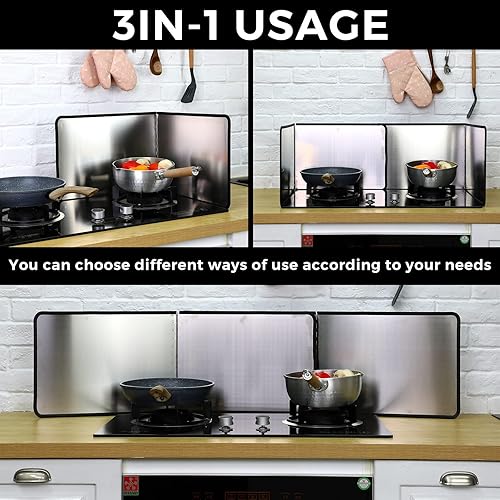 Miniatura 9 de Protector contra salpicaduras de grasa, 2 piezas, protector contra salpicaduras de 2 caras para estufa, protector contra salpicaduras plegable