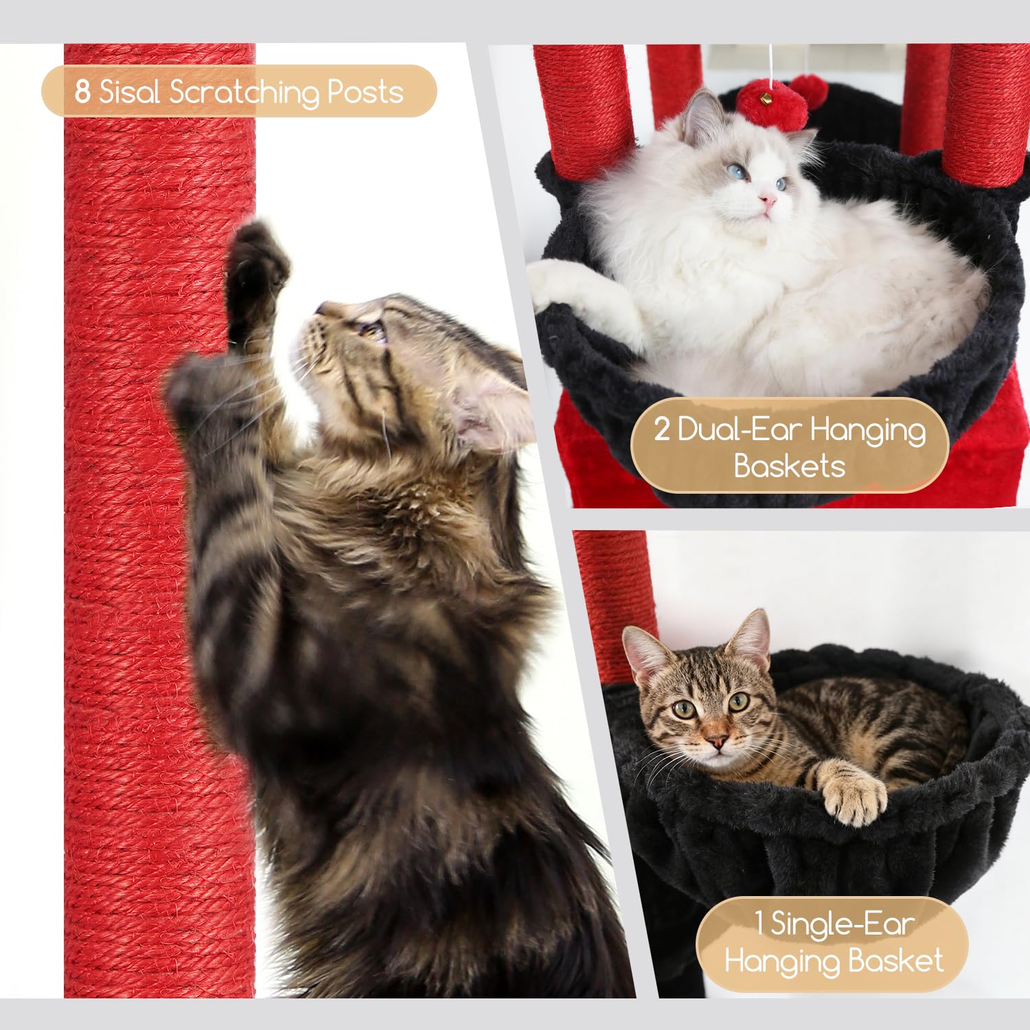 Globlazer Tiragraffi per Gatti Gotico Nero Rosso XXL Alto 209 cm con 2 Grotte, Grande Piattaforma, 3 Cesto, Trespoli Imbottiti, Torre del Gatto Stabile per Multipli Grandi Gatto Adulti (S82, Gotico)