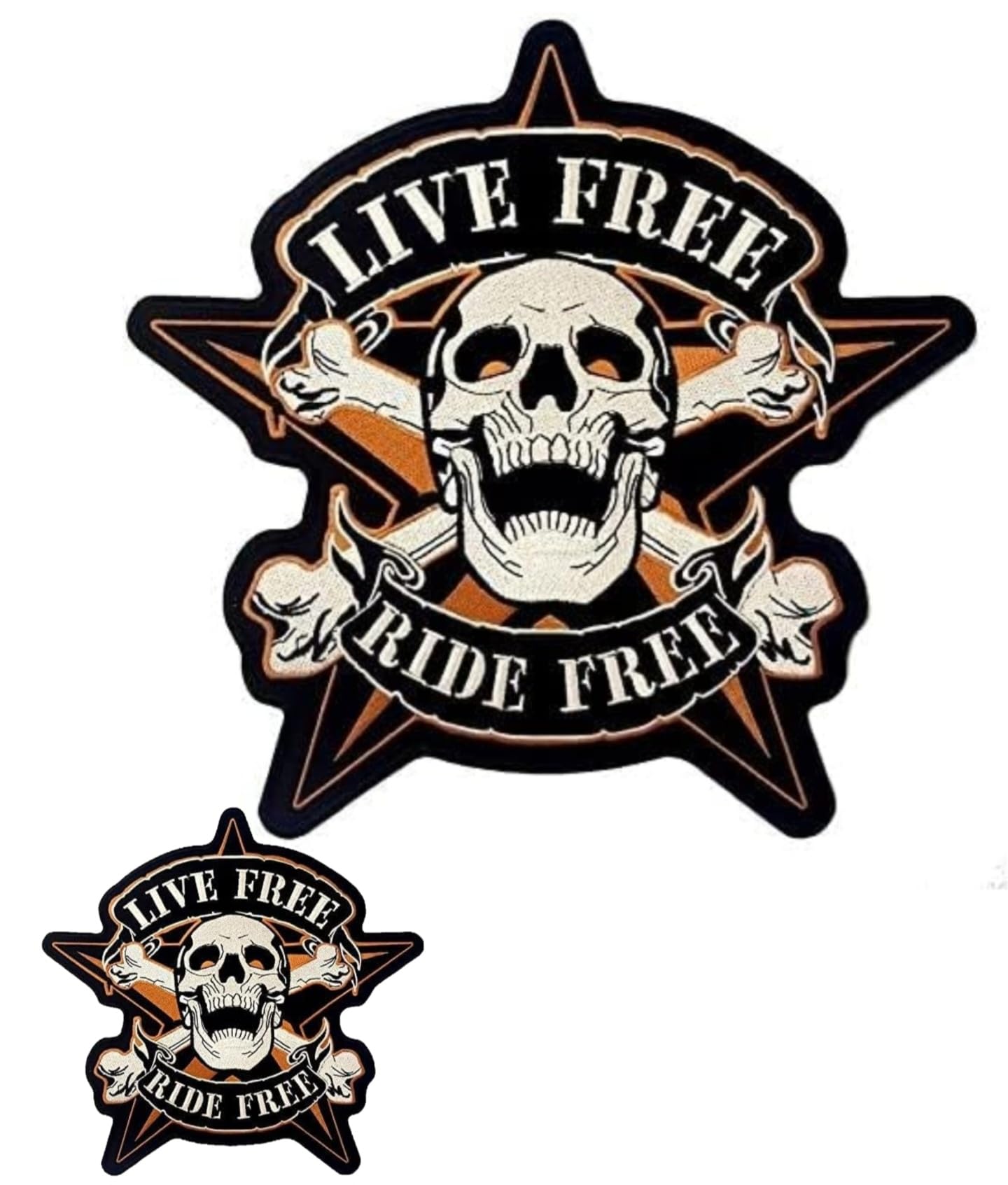 2 Aufnäher Totenkopf auf Stern "Live Free Ride Free" für Motorradjacke und Weste