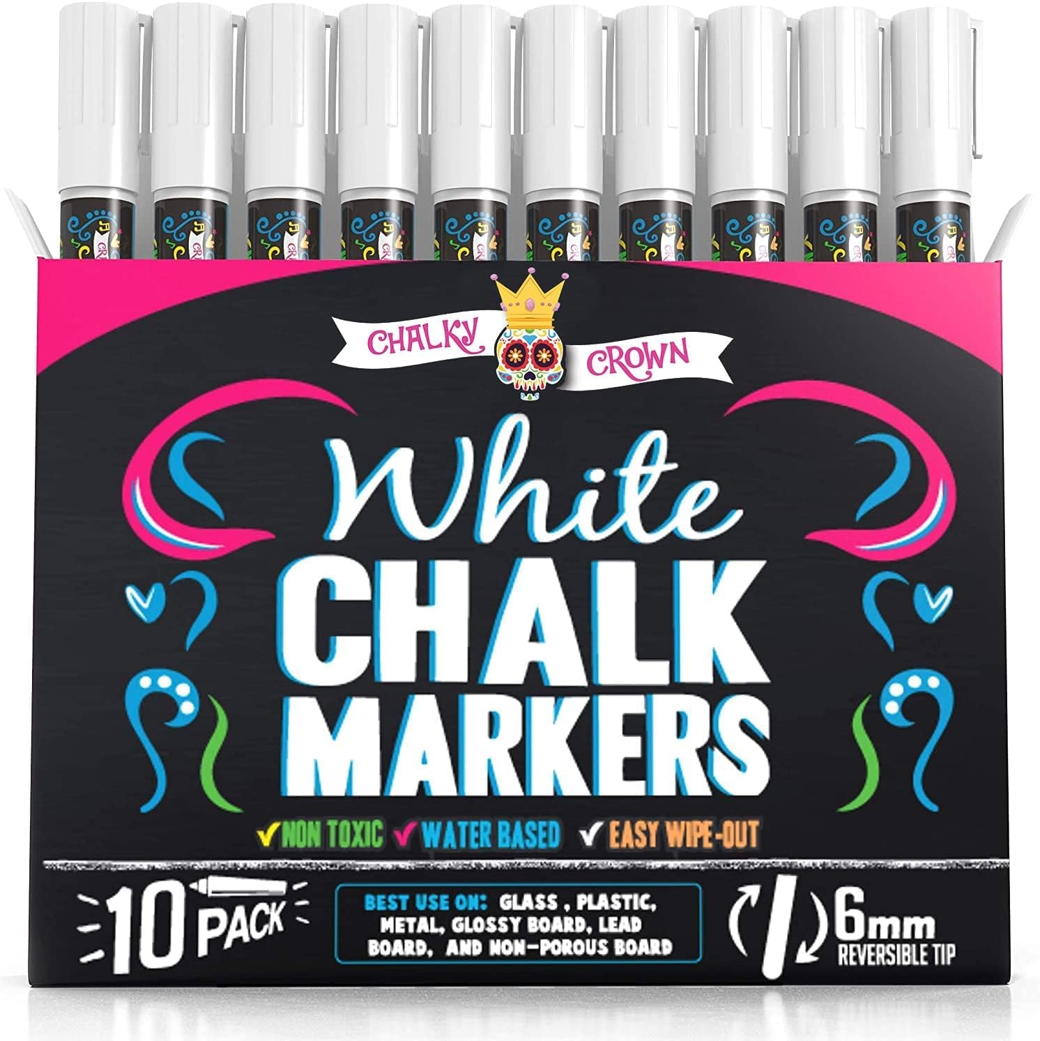 Chalky CrownLiquid Chalk Marker Pen - White Dry Erase Marker - Chalk Markers for Chalkboard Signs, Windows, Blackboard, Glass - 6mm Reversible Tip (10 Pack) - 24 Chalkboard Labels Included
